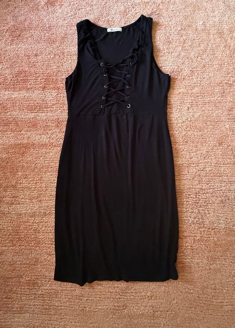 Mikey & Joey Size M Black Stretch Knit Lace-Up Midi Dress Lined Skirt